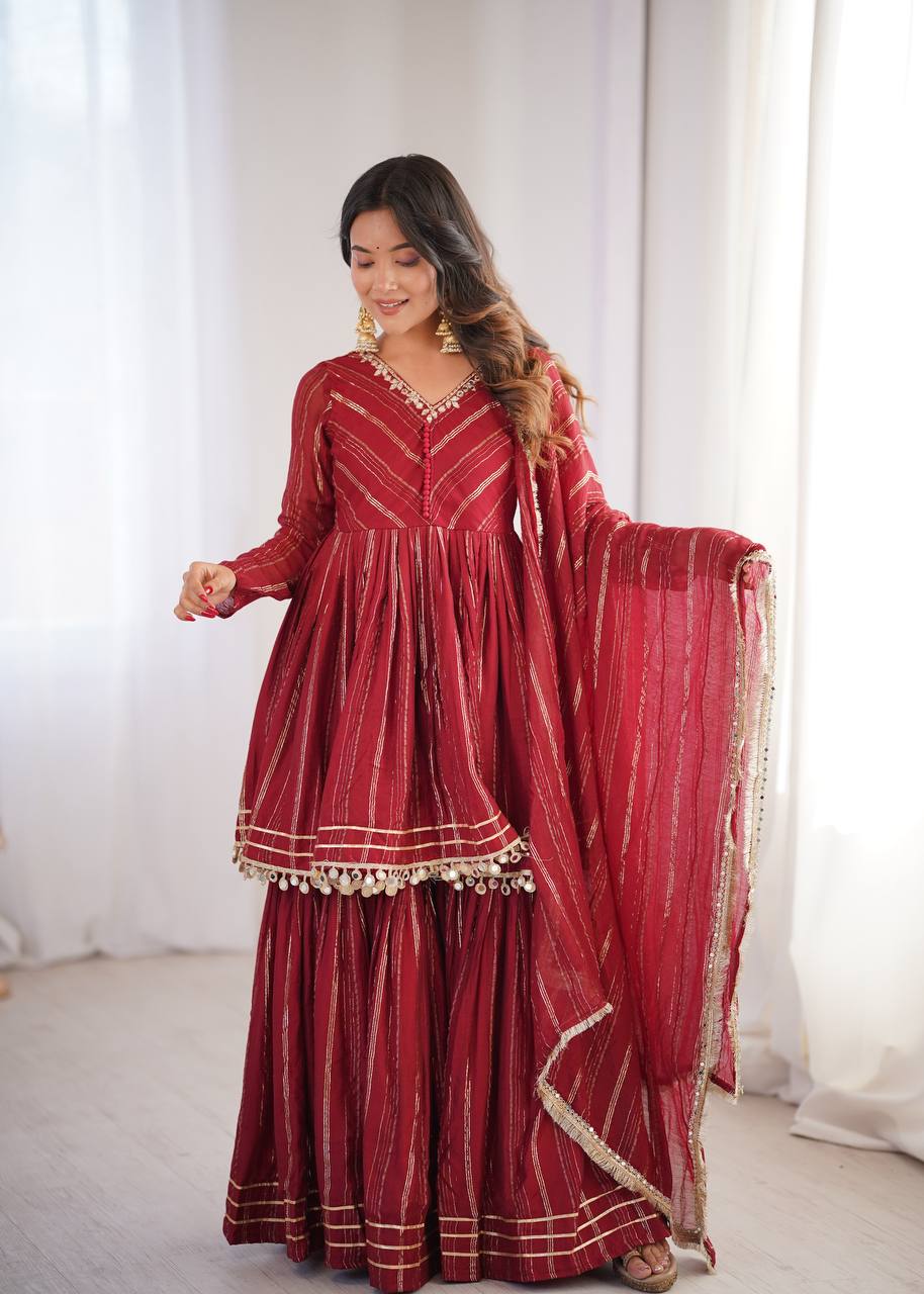 Elegant Women's Ethnic Ensemble with Real Mirror and Handwork – Ready-to-Wear Mal Chanderi Set with Sharara Palazzo and Mirror Lace Dupatta