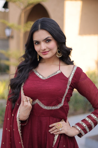 RangBhoomi Silver Mirror Lace Gown with Dupatta - Elegant Occasion Wear