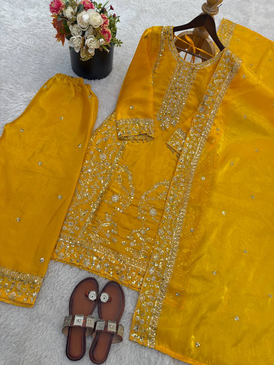 Elegant Designer Ready-to-Wear GMY Silk Three-Piece Set with Heavy Embroidery, Sequins, and Lace Border – Fully Stitched Top, Palazzo, and Dupatta