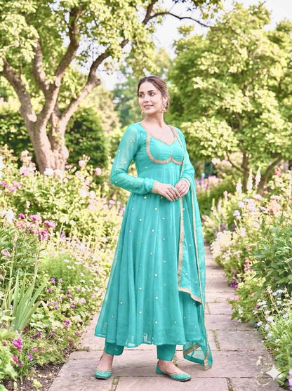 Elegant Party Wear Fendi Satin Gown Set with Dupatta and Pants Featuring 3MM Rembo Sequin and Zari Embroidery