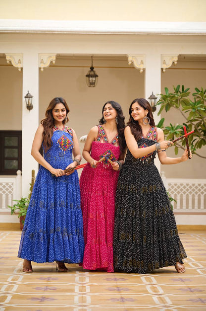 Vibrant Bandhani Gamathi Work Gown – Festive Flair for Navratri