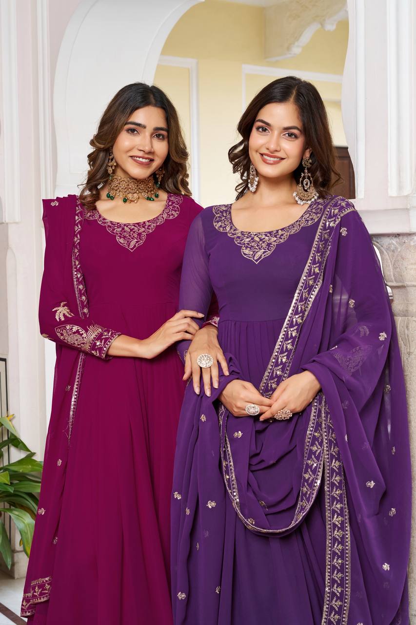 RangBhoomi Elegant SP Series Gown Set with Realistic Modeling - Faux Georgette & Microfiber Fabric, Thread and Sequence Embroidery