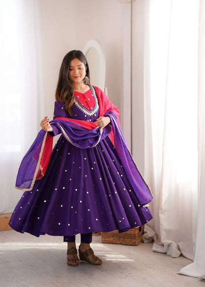 RangBhoomi Roman Silk Anarkali Set with Mirror Embroidery & Kota Chexs Dupatta - Ready-to-Wear