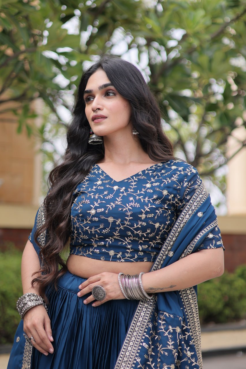 RangBhoomi Glory Satin Embroidered Lehenga Choli Set - Full-Stitched Lehenga with Designer Dupatta