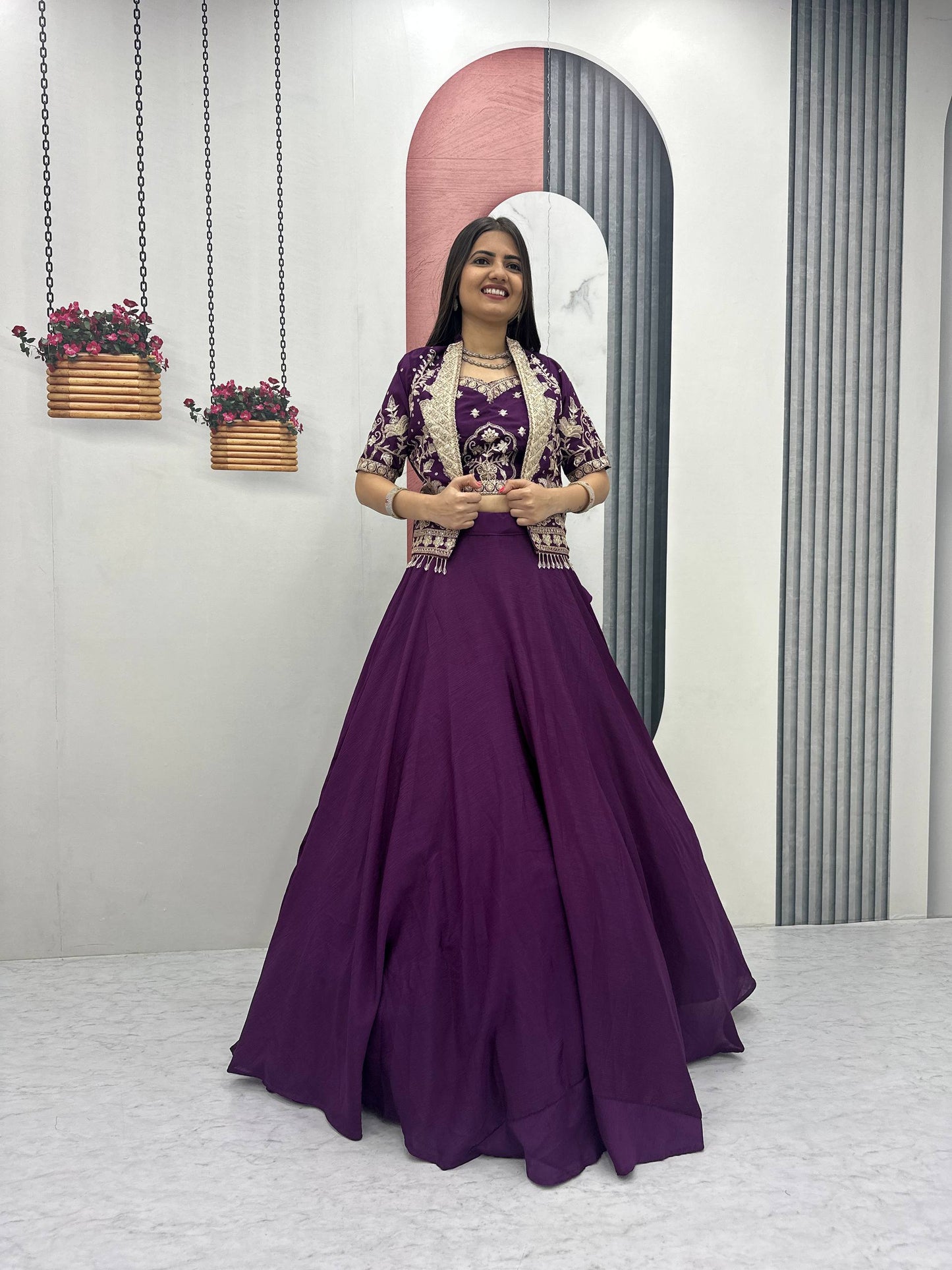 RangBhoomi Festival Special Embroidered Chinon Crop Top Set with Lehenga and Jacket