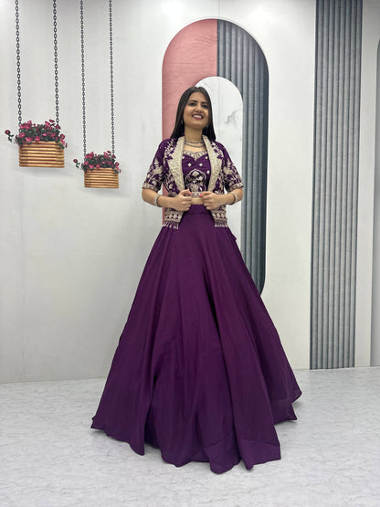 RangBhoomi Festival Special Embroidered Chinon Crop Top Set with Lehenga and Jacket