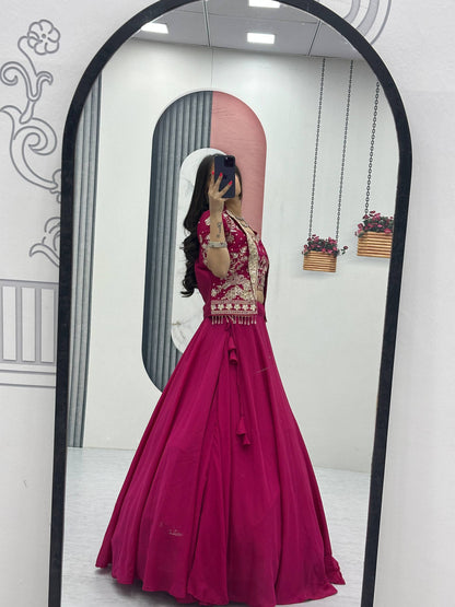 RangBhoomi Festival Special Embroidered Chinon Crop Top Set with Lehenga and Jacket