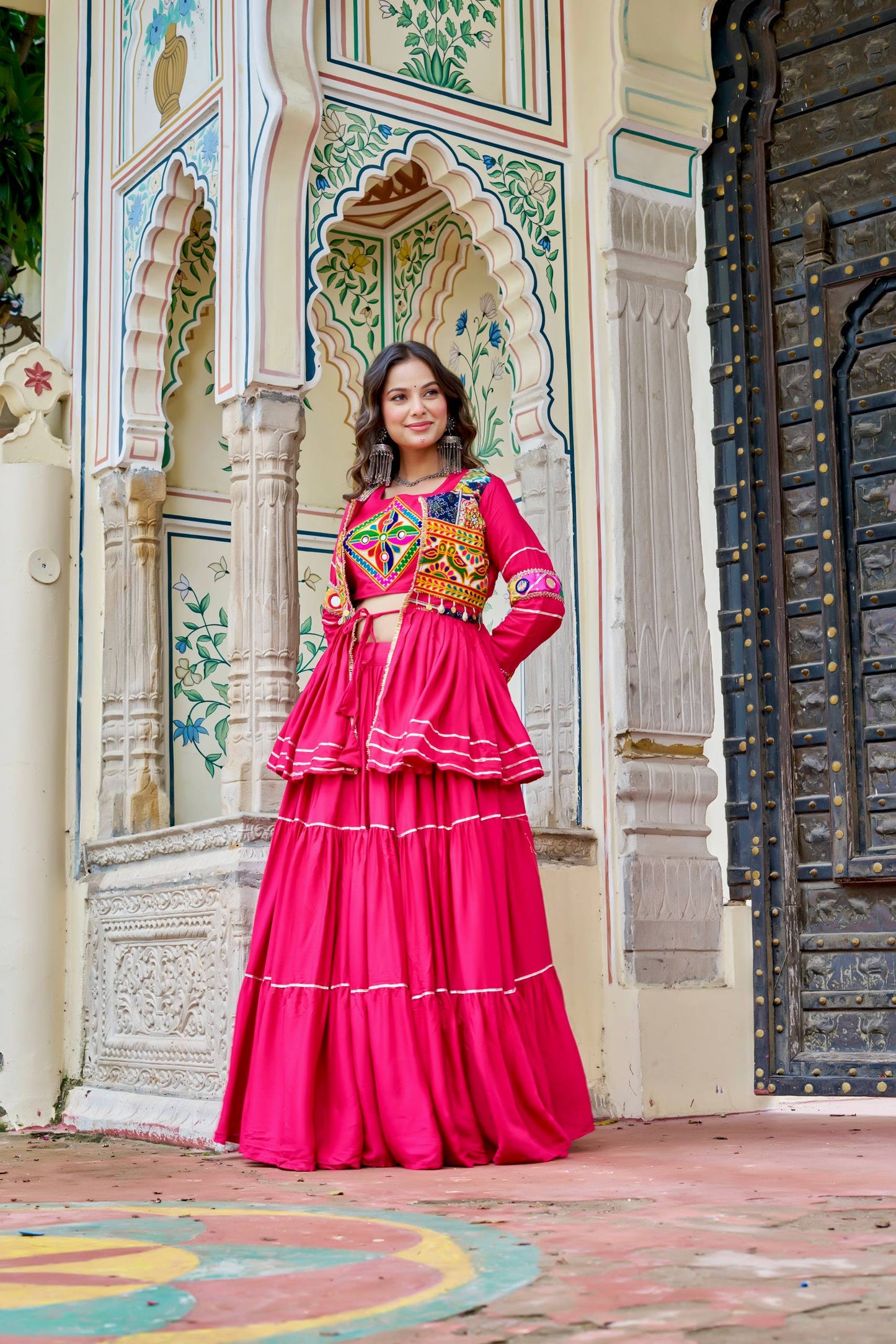 Navratri Special Gamthi Embroidery Lehenga Choli with Mirror and Ribbon Lace – Pure Cotton, Fully Stitched, 9 Meter Flair