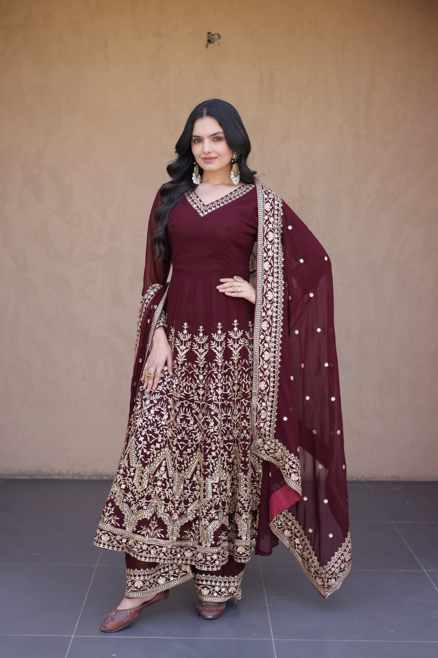 RangBhoomi Premium Readymade Gown with Pant & Dupatta Set - Embroidered Faux Blooming Festive Ensemble