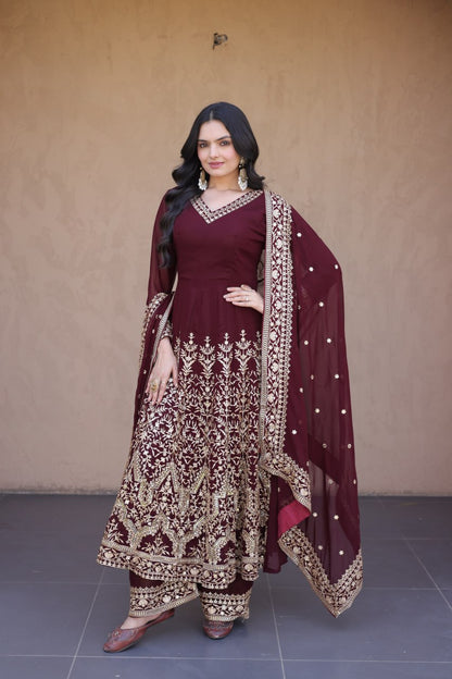 RangBhoomi Premium Readymade Gown with Pant & Dupatta Set - Embroidered Faux Blooming Festive Ensemble