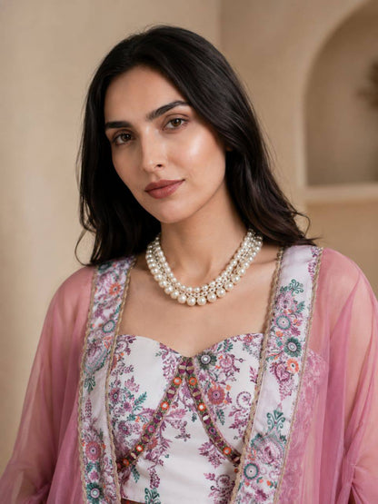 RangBhoomi Designer Indo-Western Luxury Edit — Floral Printed French Crepe Top with Palazzo & Organza Cape