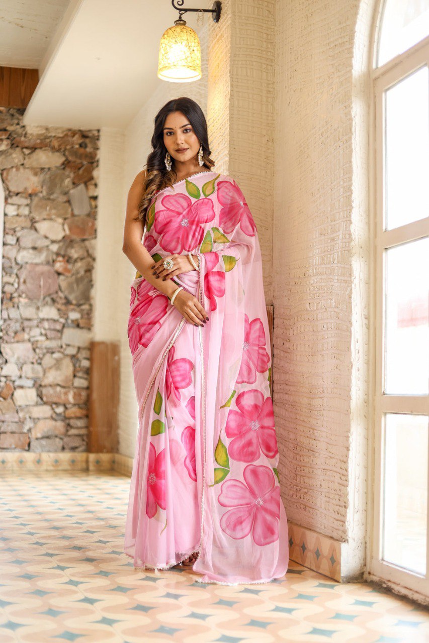 Ready To Wear Pink Floral Saree - Georgette Fabric