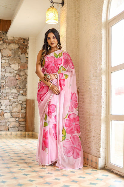 Ready To Wear Pink Floral Saree - Georgette Fabric