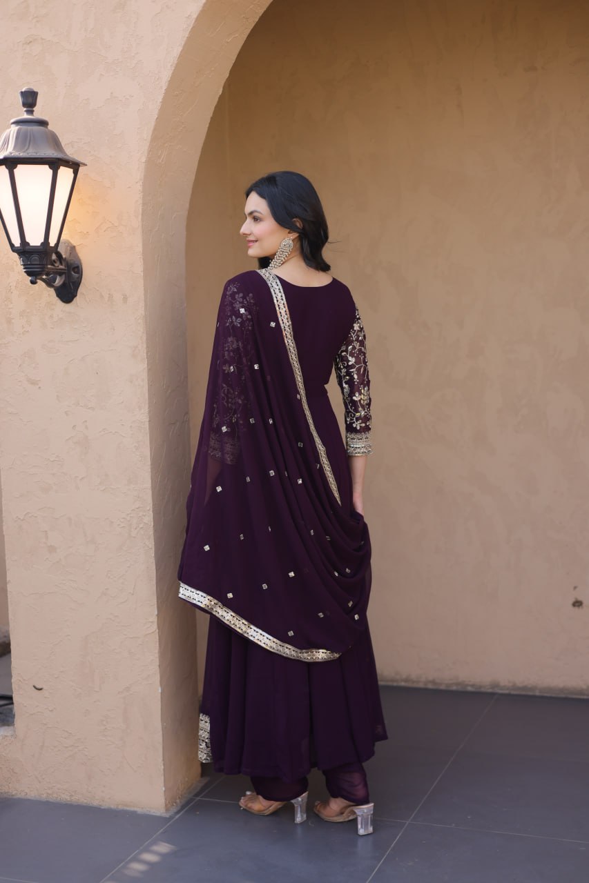 RangBhoomi Premium Readymade Gown Set with Pant & Dupatta - Faux Blooming Embroidered