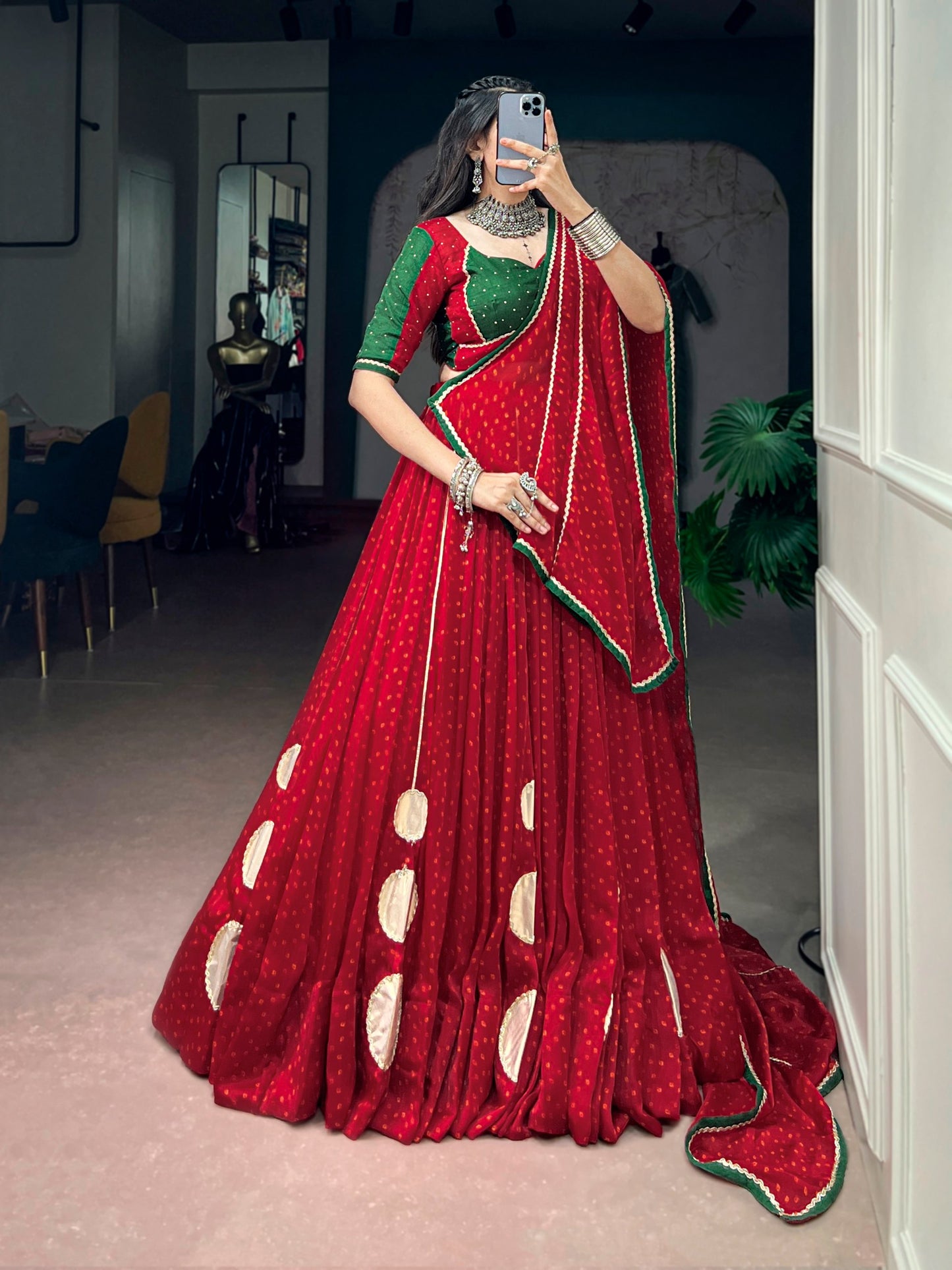 RangBhoomi Red Bandhej Satin Chiffon Lehenga Set — Navratri 2026