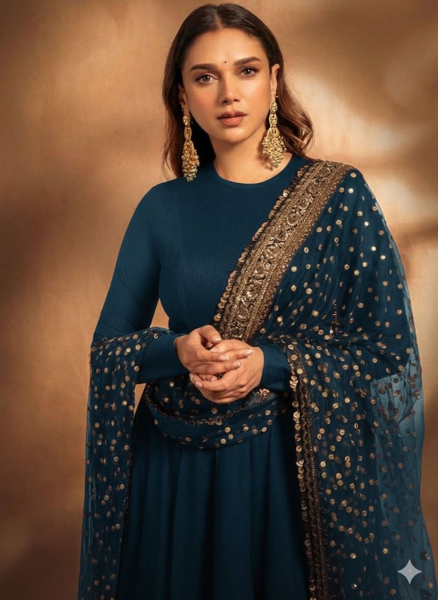 Elegant Embroidered Fox Georgette Gown with Matching Dupatta – Fully Stitched, Sophisticated Design