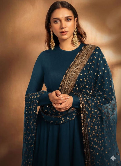Elegant Embroidered Fox Georgette Gown with Matching Dupatta – Fully Stitched, Sophisticated Design