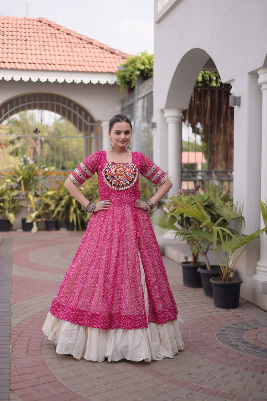 RangBhoomi Navratri 2026 Bandhani Lehenga Set — Full-Stitched Kora Cotton Lehenga with Faux Georgette Kurti