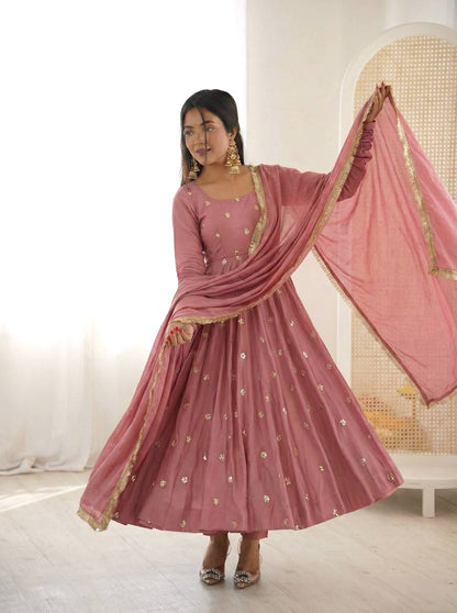 Elegant Ready-to-Wear Designer Gown and Dupatta Set in Roman Silk with Exquisite Embroidery