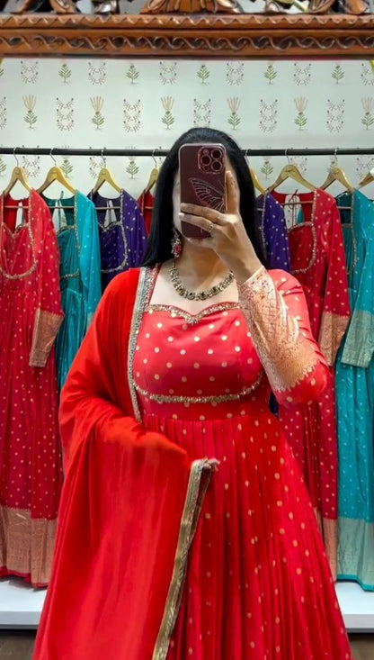 Elegant New Jacquard Gown with Fox Georgette Dupatta – Fully Stitched, Comfortable Fit