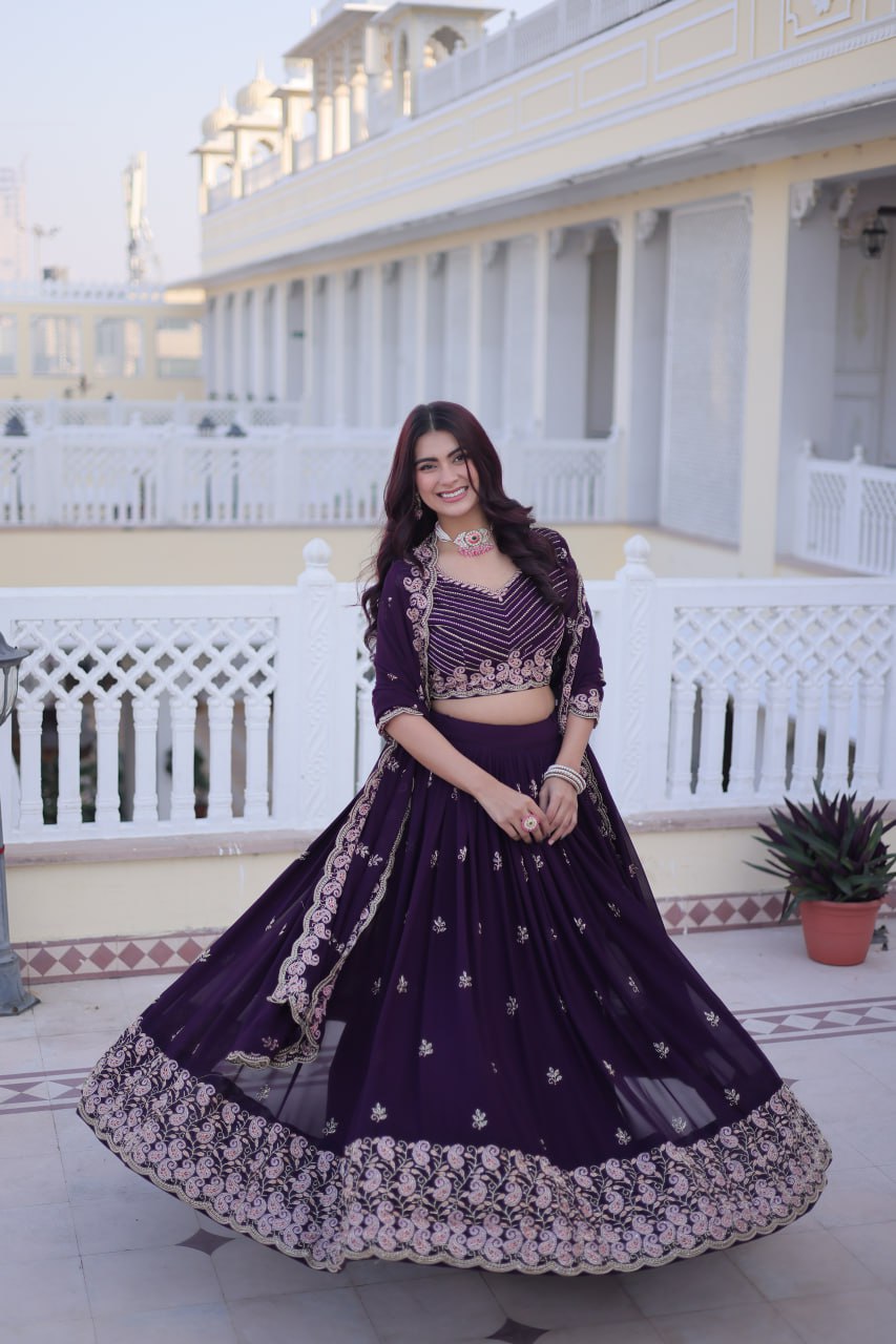 Elegant Lehenga Choli and Dupatta Set with Intricate Sequins and Zari Embroidery