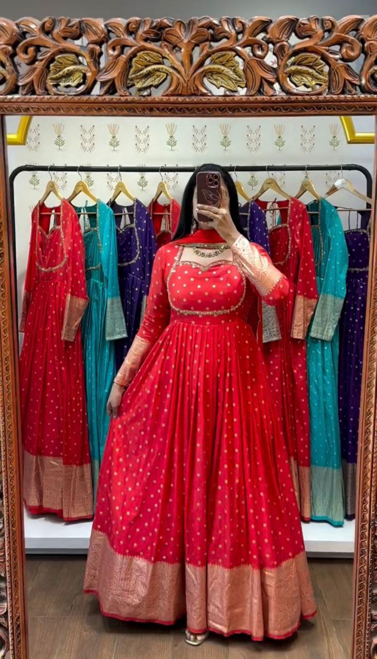 Elegant New Jacquard Gown with Fox Georgette Dupatta – Fully Stitched, Comfortable Fit