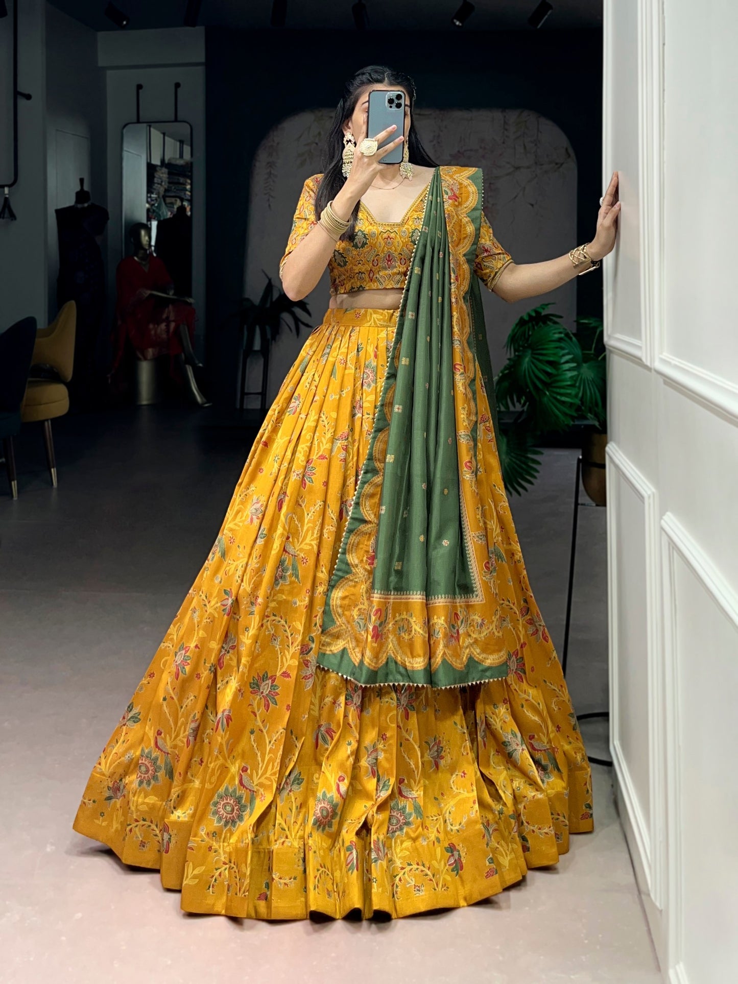 Luxurious Soft Tasar Silk Lehenga with Radiant Gilded Foil Motifs and Elegant Dupatta