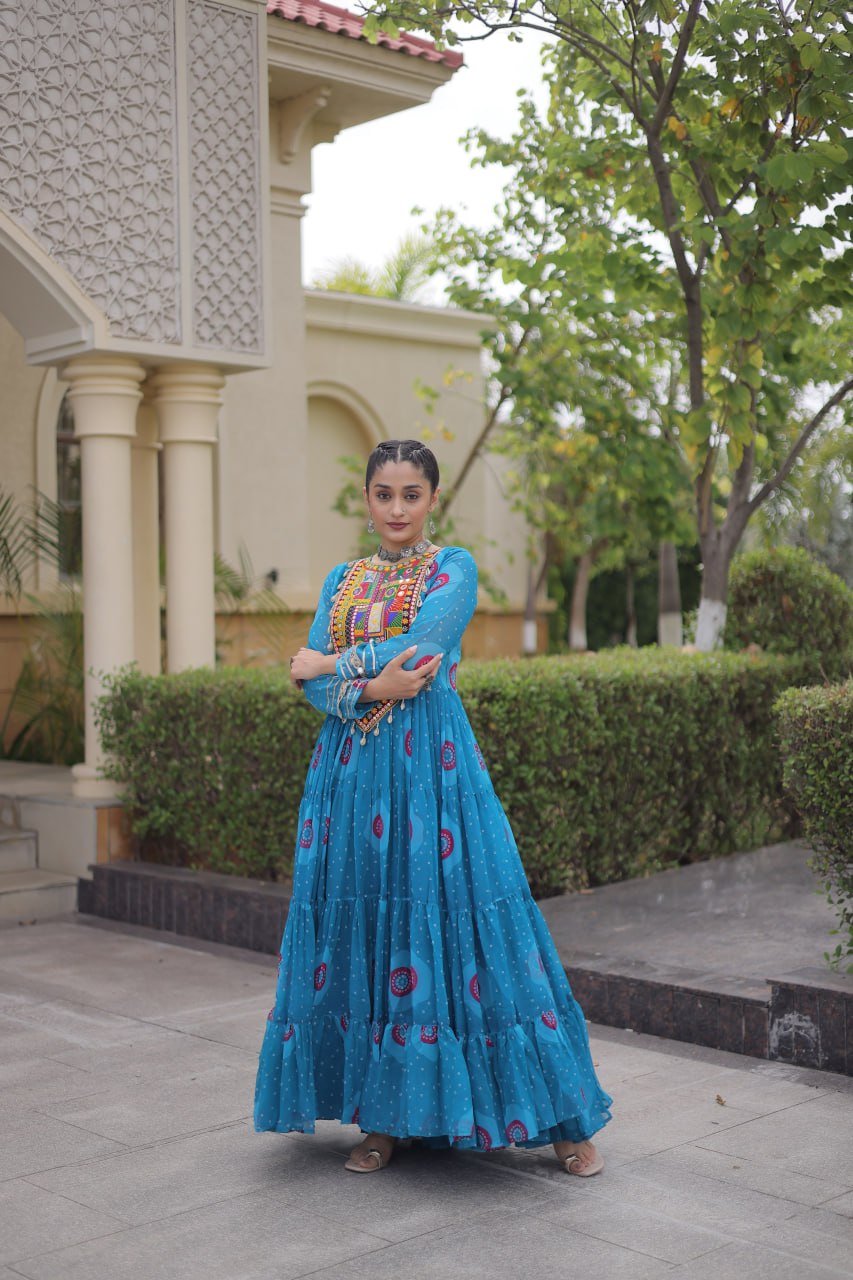 RangBhoomi Bandhani & Kutchi Patchwork Faux Georgette Gown — Navratri Collection 2026