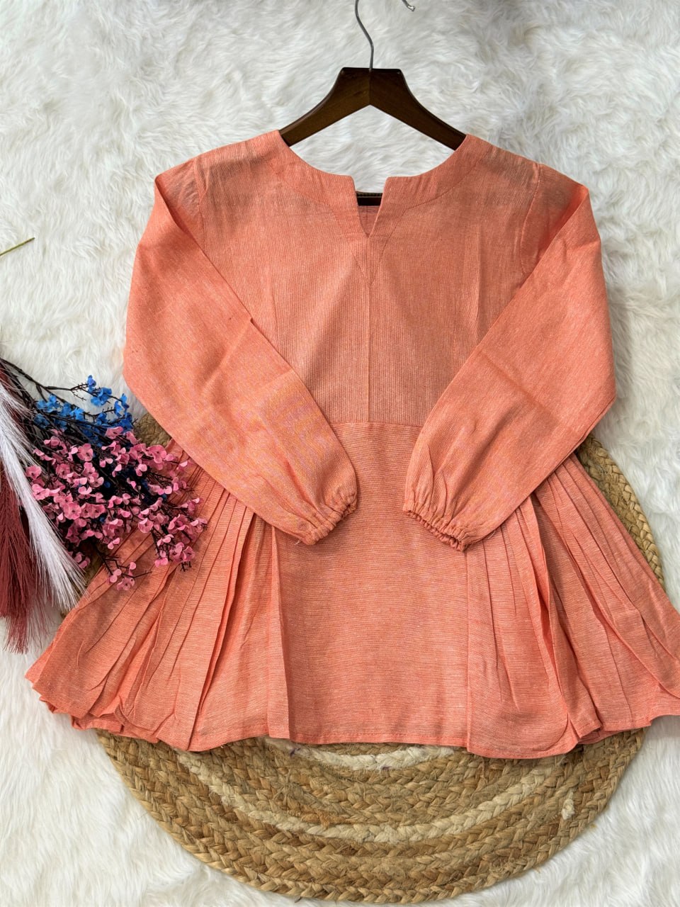RangBhoomi Elegant Linen Cotton Top and Pant Set – Full-Sleeve Frill Stitch Top with Elastic Waist Pants in Parrot, Peach, and Yellow