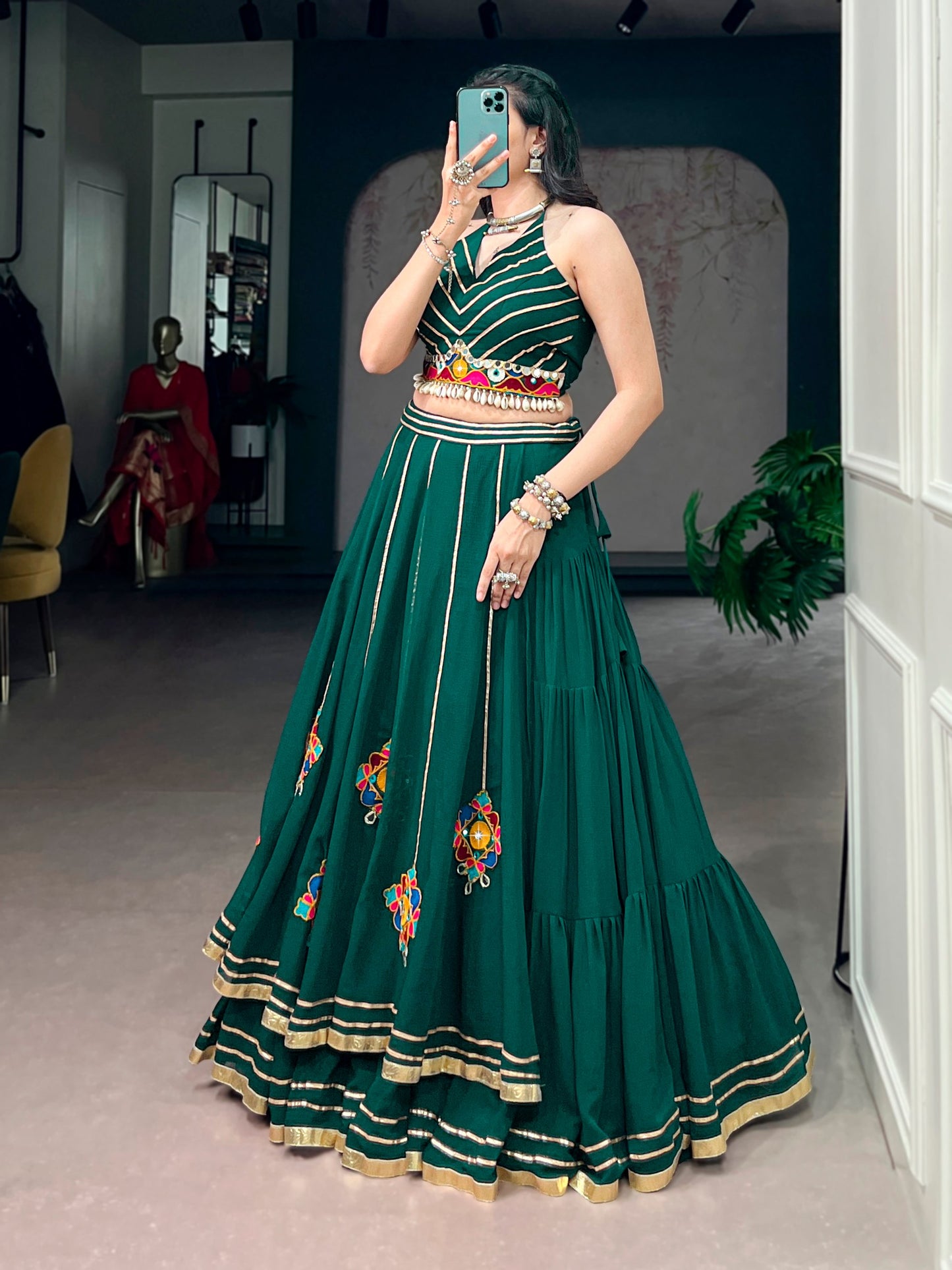 RangBhoomi Navratri Lehenga Choli Set – Lightweight Gamthi Work with Mirror & Shell Embellishments