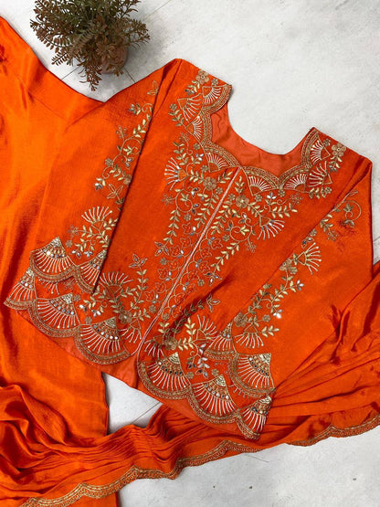 RangBhoomi Designer Lehenga Saree with Real Mirror & Embroidery Work - Long Blouse, Chinon Fabric