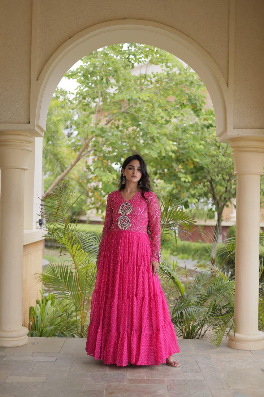 RangBhoomi Navratri Gown 2026 – Laheriya Print with Kutchi Patchwork, Faux Georgette Lined Cotton, Full Sleeve, 56 Inch Length