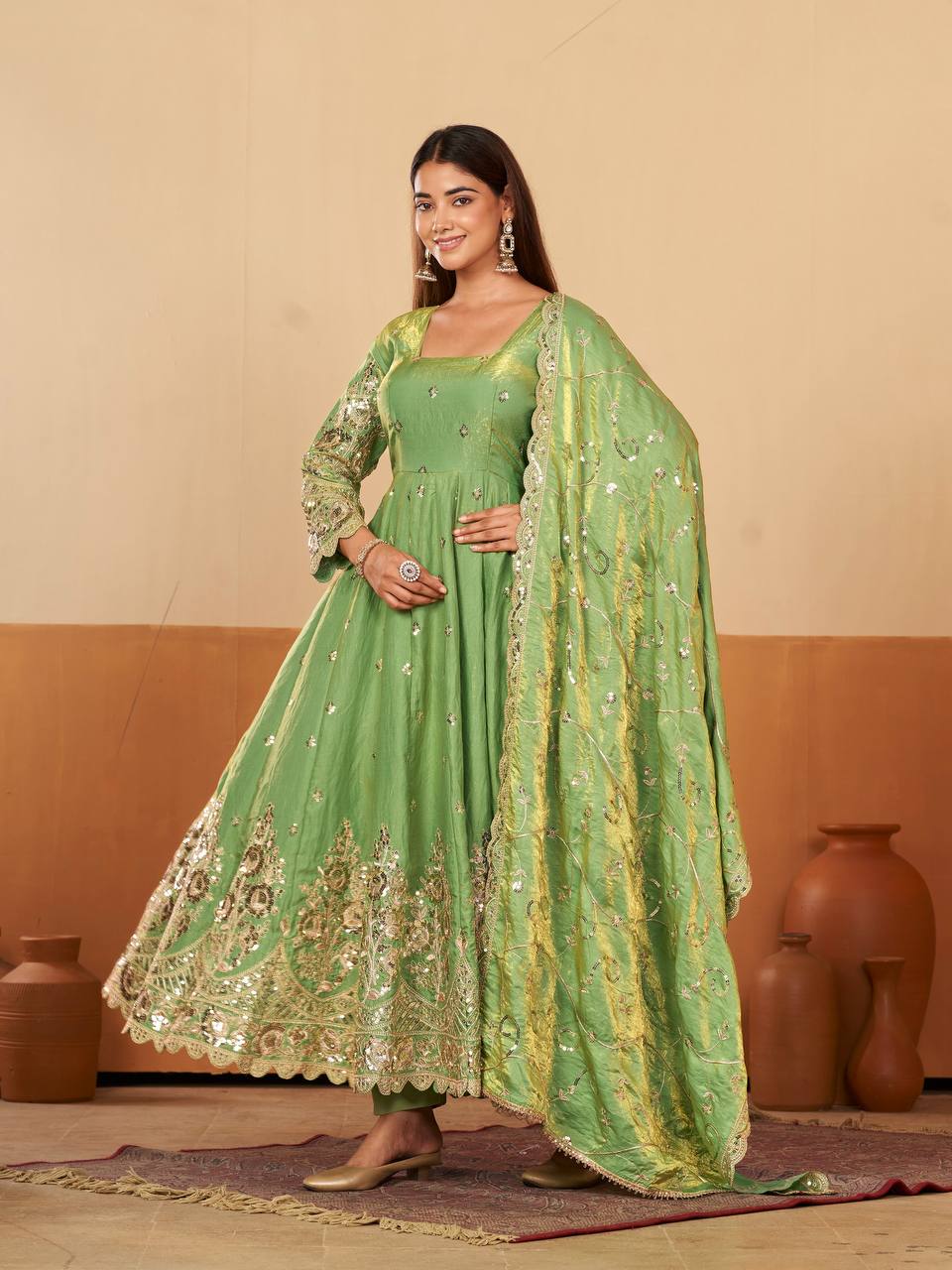 RangBhoomi Designer Party Wear Gown Set — 10 Colors, Heavy Jelly Shimmer Silk, Fully Stitched Embroidered Gown with Dupatta & Micro-Cotton Pant