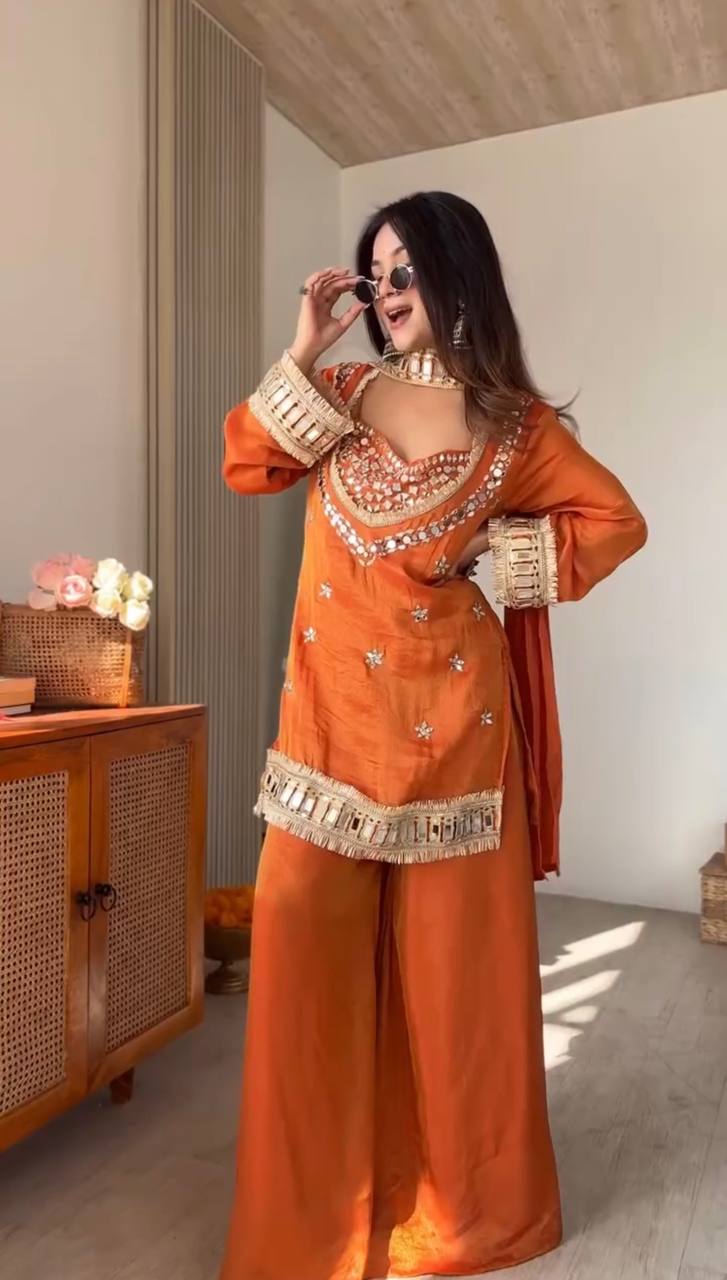 RangBhoomi Women's Fully Stitched Ethnic Wear Set with Fendy Silk and Real Mirror Work