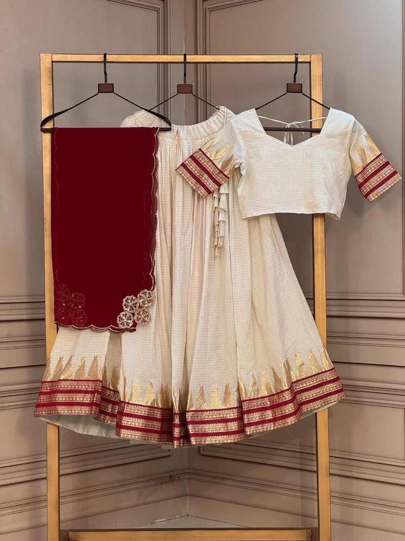 RangBhoomi Onam Special Premium Viscose Jacquard Lehenga Choli Set with Contrast Dupatta