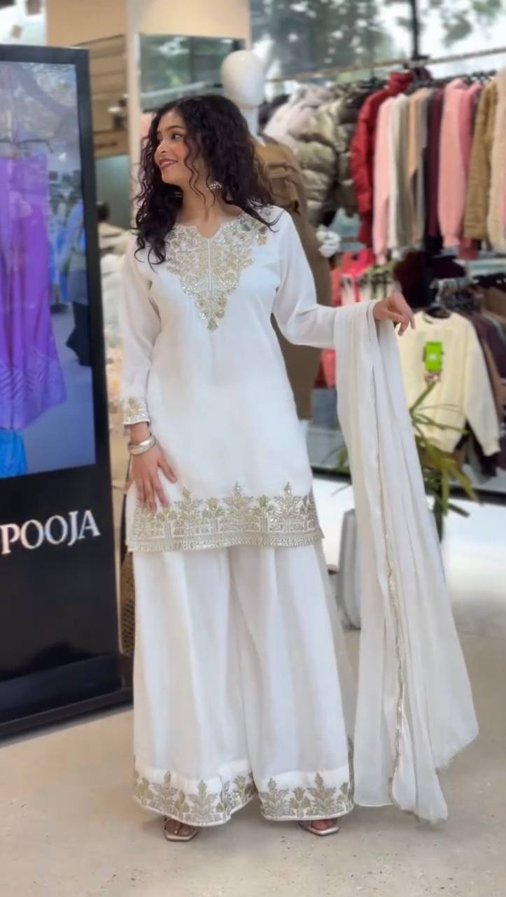 Elegant and Comfortable Wedding Season Suit Set with Sequined Embroidered Top, Palazzo Pants, and Lace-Trimmed Dupatta by RangBhoomi