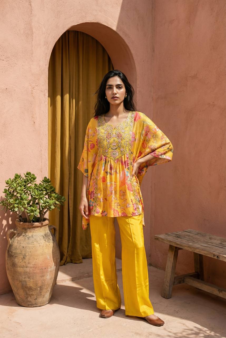 A woman wears a yellow floral embroidered crepe kaftan and matching palazzo pants.