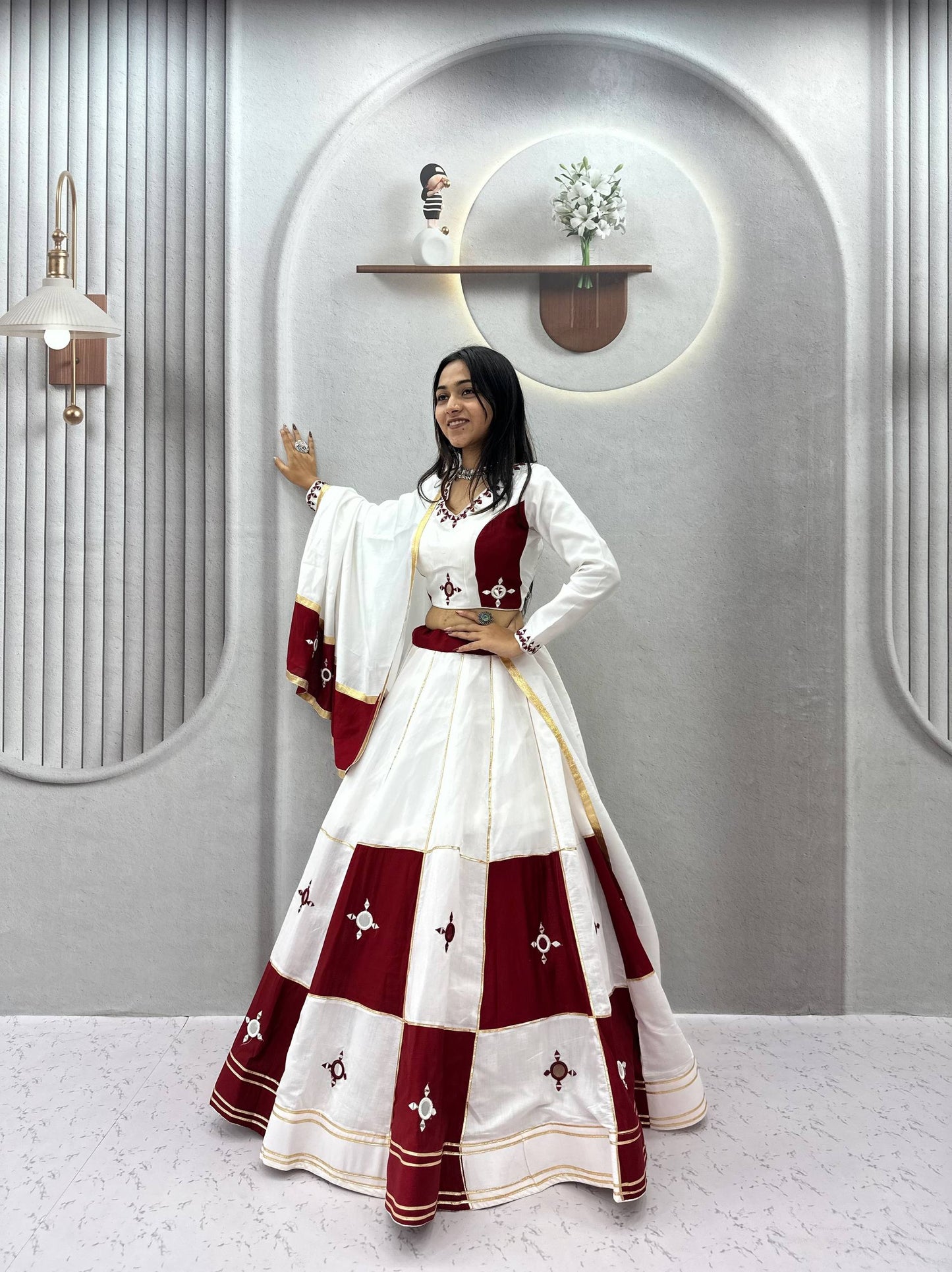 RangBhoomi Navratri Special Pure Cotton Lehenga Choli with Heavy Mirror & Gotapatti Work (Full-Stitched, 6m Flair)