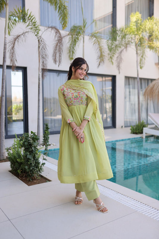 Elegant Premium Ready-to-Wear Gown Set with Pants and Dupatta - Beaded Mal Chanderi Embroidery