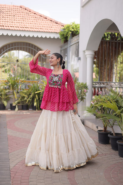 RangBhoomi Navratri Lehenga Choli Set — Kora Cotton Frill with Laheriya Print