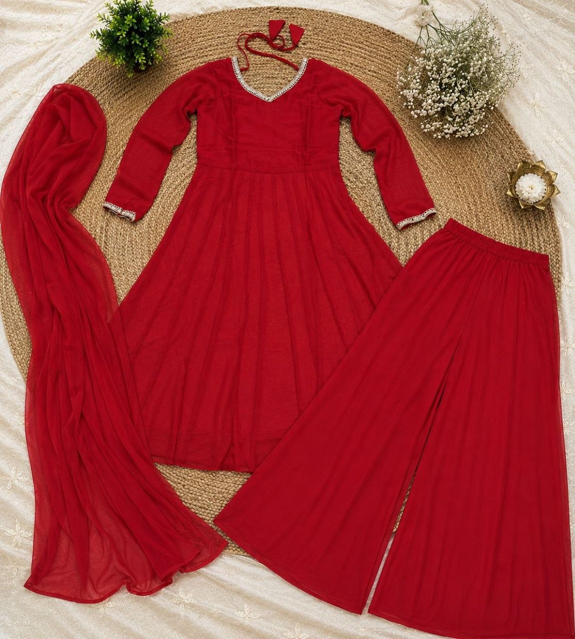 RangBhoomi Carmine Georgette 3-Piece Anarkali Suit Set — Cherry Red