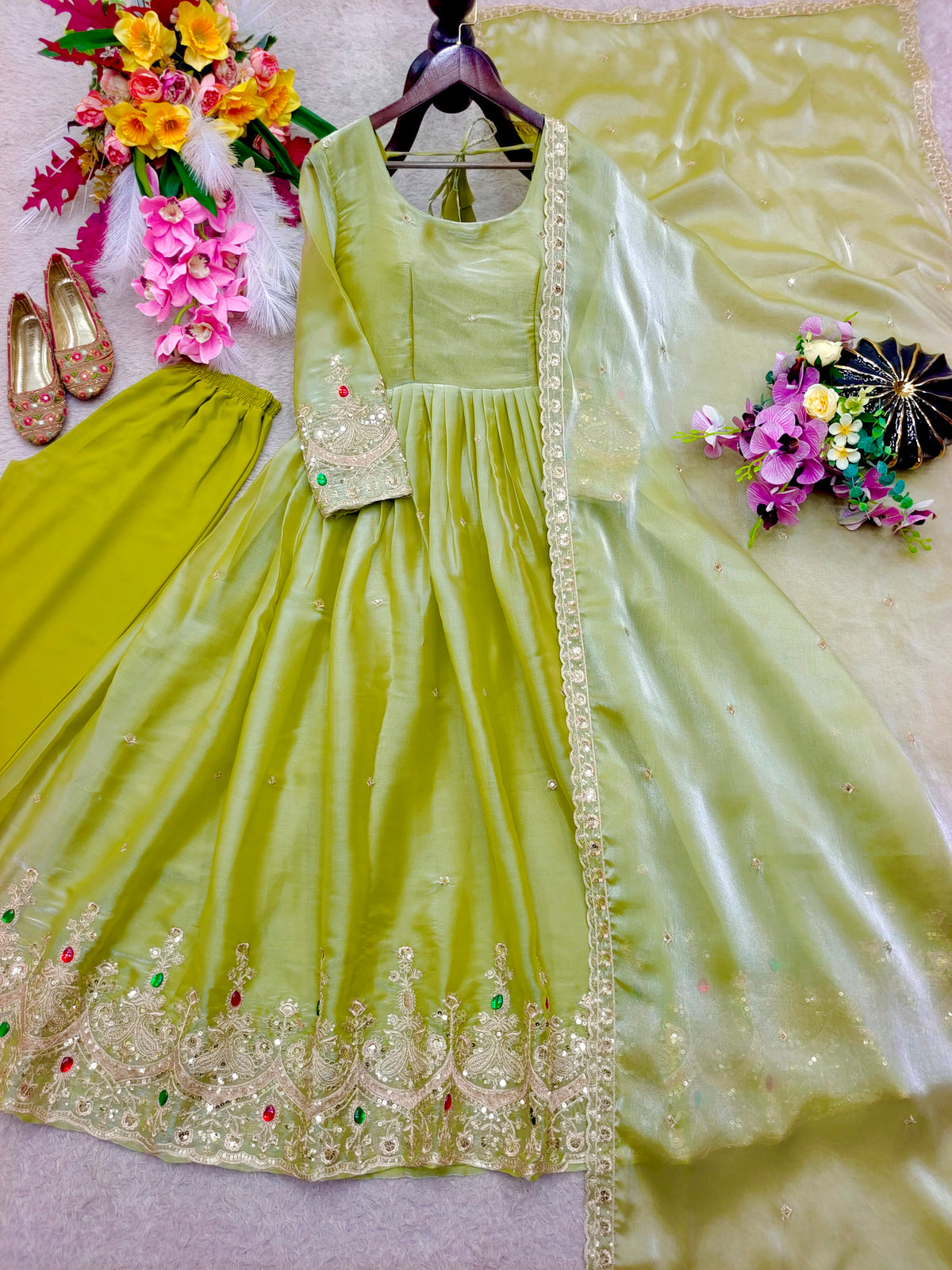 RangBhoomi ZMY Silk Gown, Pants & Dupatta Set - Embroidered Ready-to-Wear Ensemble