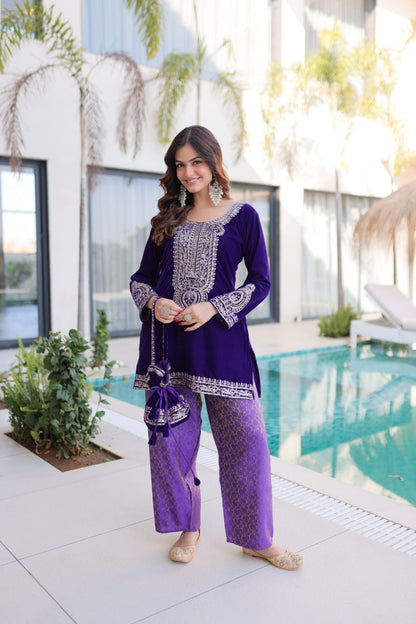 Ready-to-Wear Velvet Top and Pant Set with Embroidered Batwa from RangBhoomi Collection