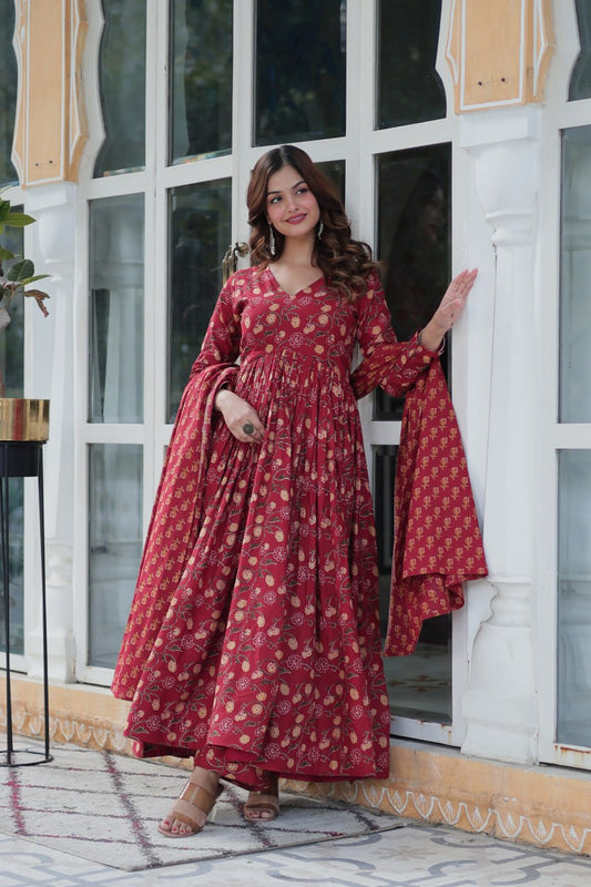 Premium Gown Set: Cotton Kurti, Pant & Dupatta