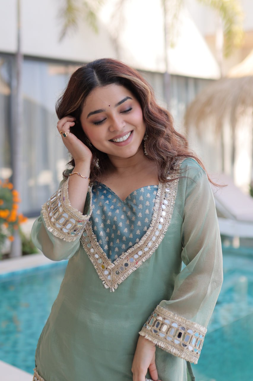RangBhoomi Ready-Made Elegant Top and Pants Set with Matching Batwa