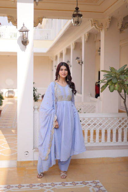Premium Ready-to-Wear Mal Mal Chanderi Gown Set with Roman Silk Pants and Embroidered Dupatta