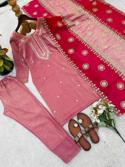 Women's Ethnic Wear: Elegant Embroidered Fendy Silk Suit Set with Dupatta, Fully Stitched and Ready to Wear