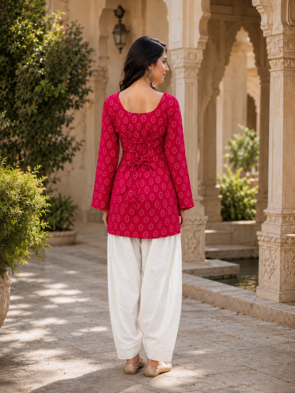 RangBhoomi Premium Cotton Bandhej Printed Top and Linen Cotton Farsi Style Pant Set