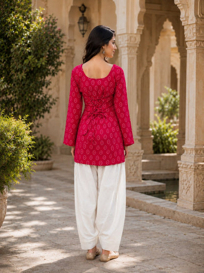 RangBhoomi Premium Cotton Bandhej Printed Top and Linen Cotton Farsi Style Pant Set