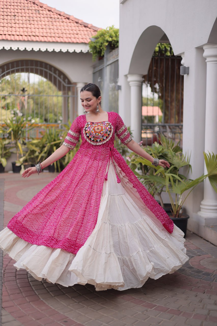 RangBhoomi Navratri 2026 Bandhani Lehenga Set — Full-Stitched Kora Cotton Lehenga with Faux Georgette Kurti